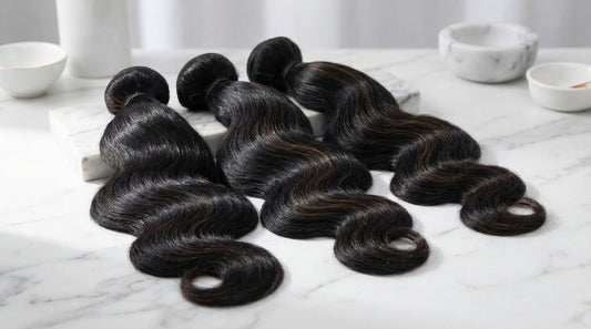 Luxurious virgin hair extension bundles arranged on marble surface showing natural texture and cuticle shine
