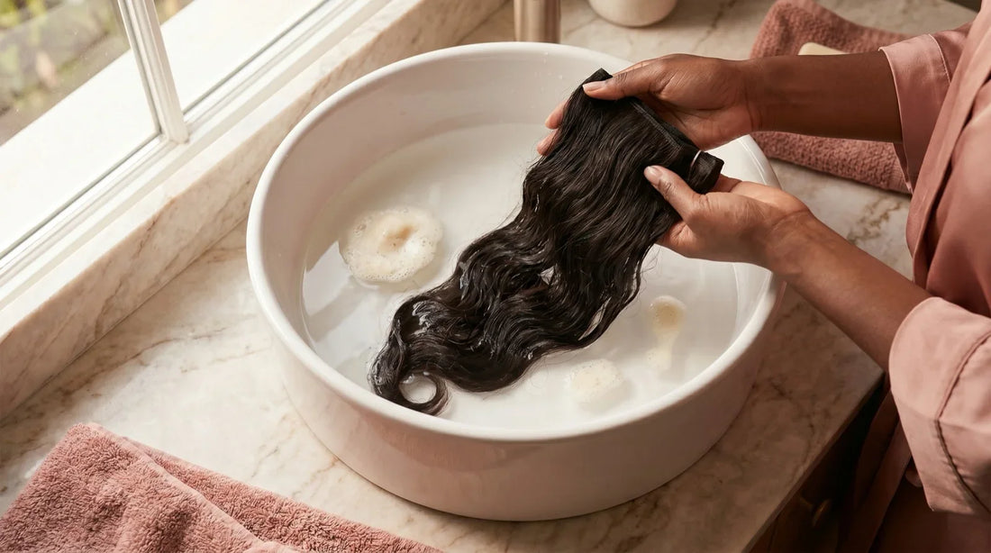 Hands gently washing a clip-in hair extension weft in a white ceramic basin filled with shallow water and cream-colored sulfate-free shampoo