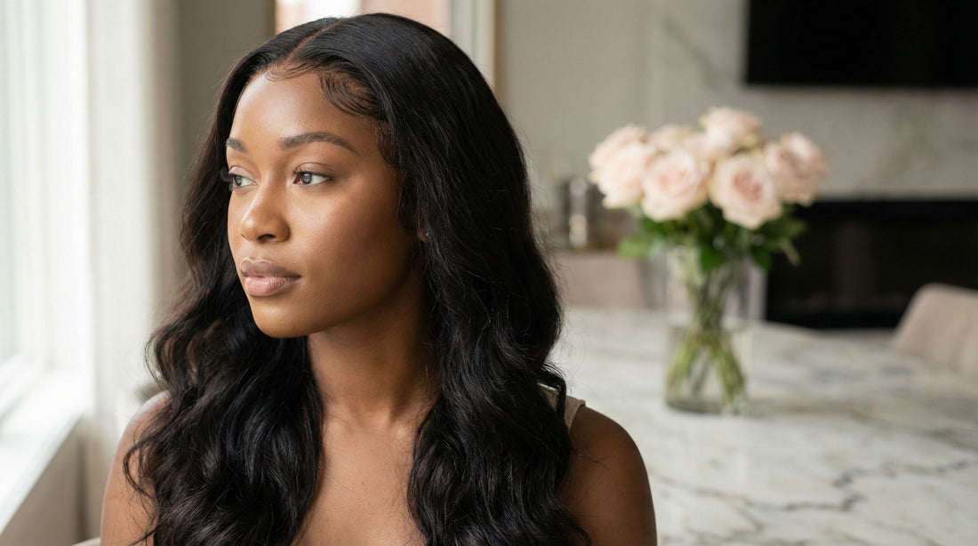 Editorial portrait of a Black woman wearing a body wave human hair lace front wig with an invisible, seamless hairline