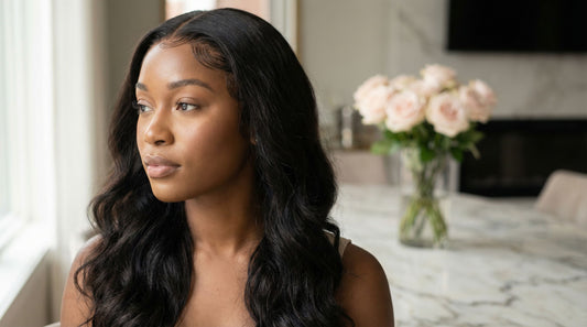 Editorial portrait of a Black woman wearing a body wave human hair lace front wig with an invisible, seamless hairline