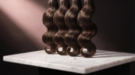 Premium virgin hair extension bundles in natural body wave texture on marble surface with dusty rose lighting