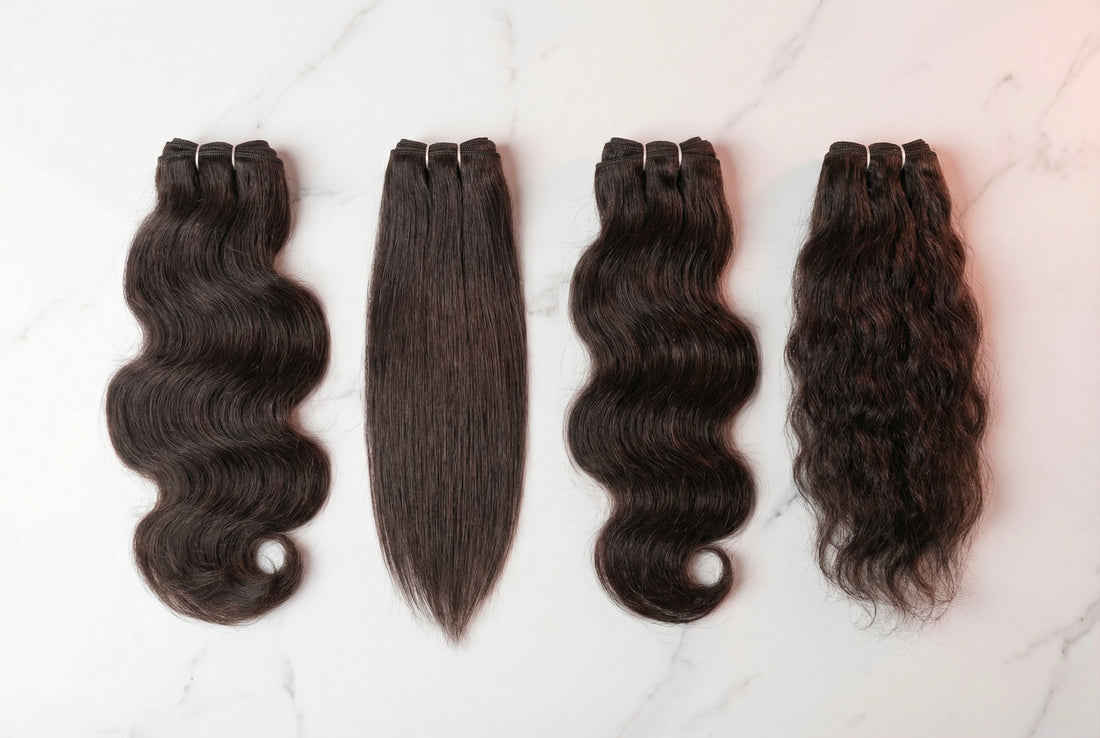 Three virgin hair extension bundles side by side showing Brazilian body wave, Indian straight, and Peruvian deep wave textures