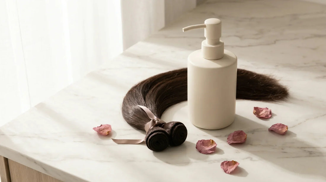 A glossy dark virgin-hair weft beside a cream-colored sulfate-free shampoo bottle on light marble